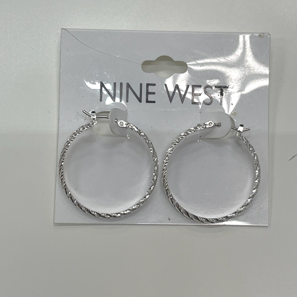 Nine West Silver Tone Textured Diamond Cut Hoop Earrings 1.25 Inch Round Classic